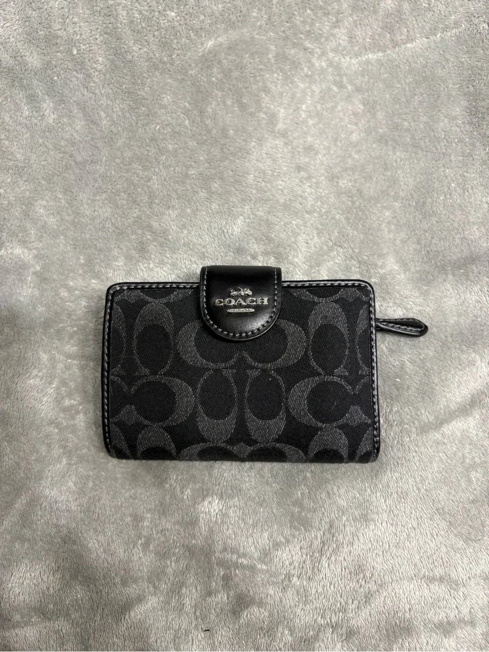 Coach Black Signature Compact Card Case with Logo Snap